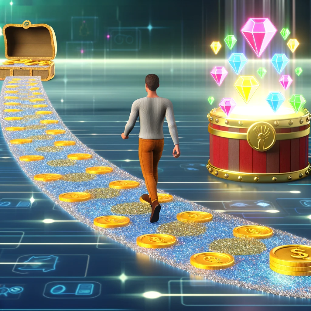 ポイントサイトでの成功を象徴する、コインとデジタルアイコンで作られた道を歩く人のイラスト。宝箱に向かって進む姿が描かれています。