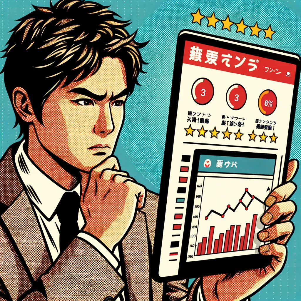 ユーザーレビュー分析: 日本人がタブレットを見ながらユーザーレビューや評価を分析している様子。画面には「アンリミテッドアフィリエイト」とともにグラフやユーザー評価が表示されています。