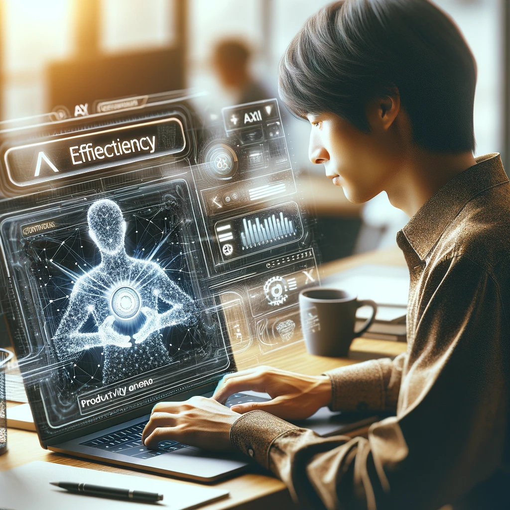 現代の日本人が、AIツール「Rabbit X」を使用して効率的にコンピュータで作業している様子を表現しています。人物は深く集中し、時間の節約と生産性の向上が明確に描写されています。現代的なオフィス環境で、ラップトップの画面にはスリークでユーザーフレンドリーな「Rabbit X」のインターフェースが映し出されています。