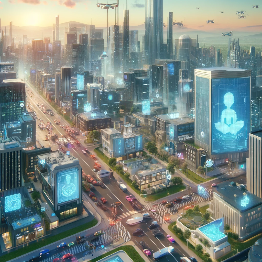 「AI技術とその社会への影響」という概念を表現する画像。未来的な街並みで、AI技術が日常生活にシームレスに統合されている様子を描いています。