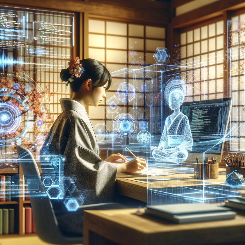 「AIの学習と教育」という概念を描いた画像。現代の日本人が、高度なAIインターフェースに囲まれながらAIを学んでいる様子を示しています。
