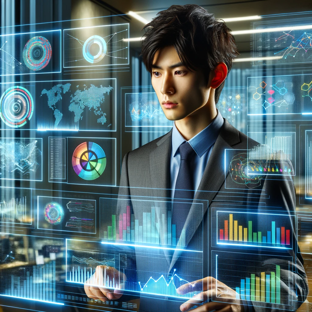 データ分析中の若い日本人ビジネスマン: モダンなオフィス環境にいる若い日本人ビジネスマンが、カラフルなチャートやグラフが表示された複数のバーチャルスクリーンを分析しています。高度なデータ分析を象徴する洗練された未来的な設定です。