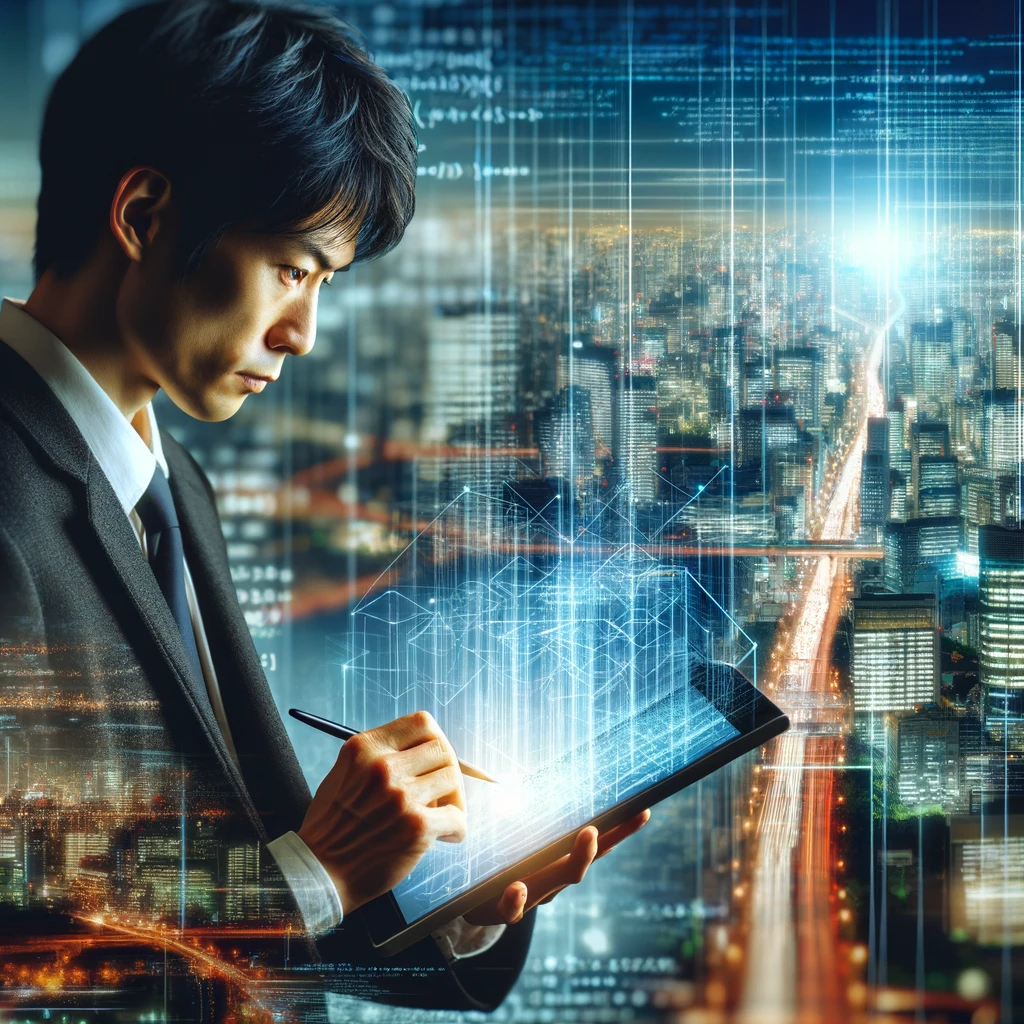 未来的なデータサイエンス: デジタル透明タブレットで新しいアルゴリズムを開発中の日本人データサイエンティストを描いています。背景には、革新的で未来的な都市景観が広がっています。
