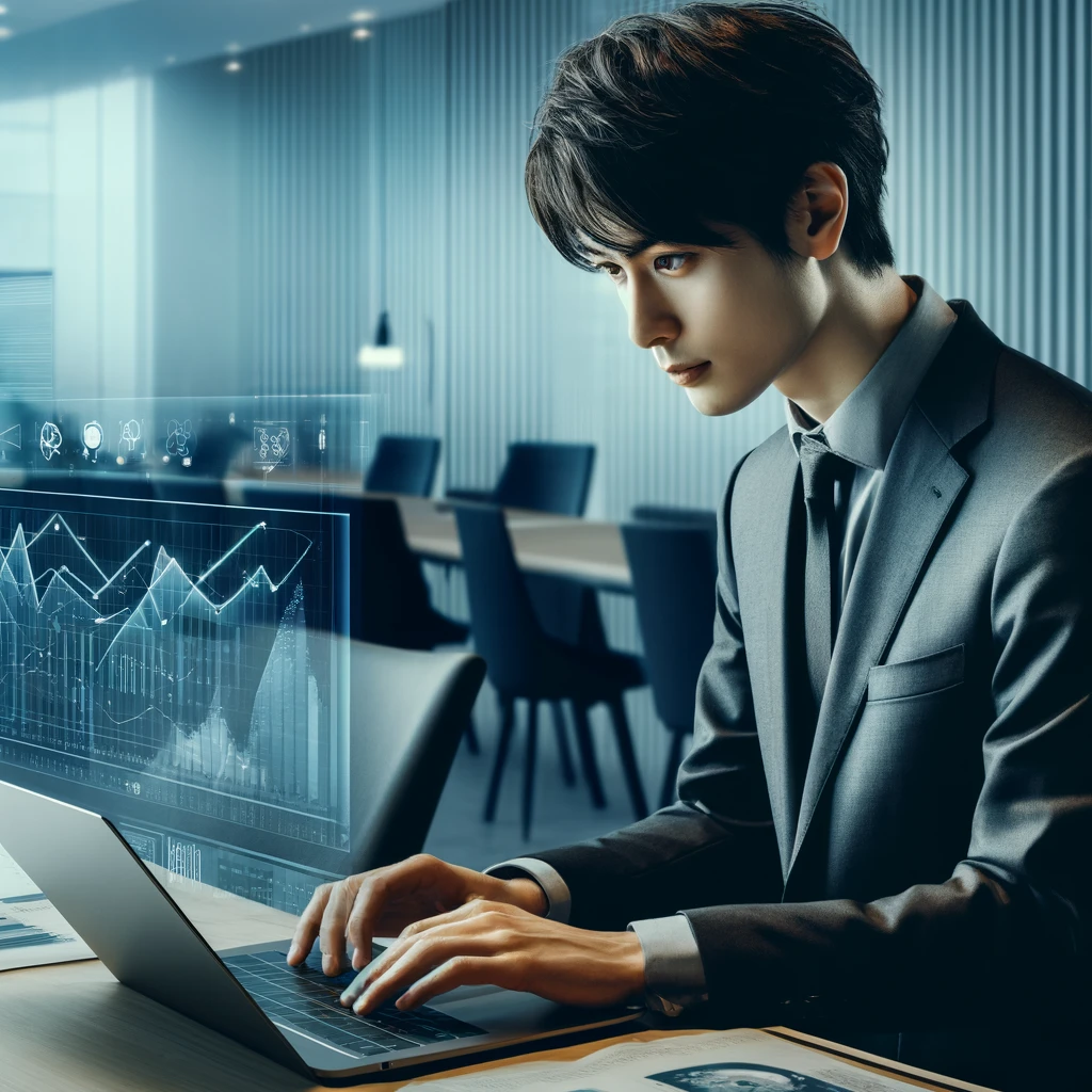 描述: モダンなオフィスで、若い日本人ビジネスマンがラップトップで市場データを分析している様子。画面には複雑なグラフや市場のトレンドが映し出されています。