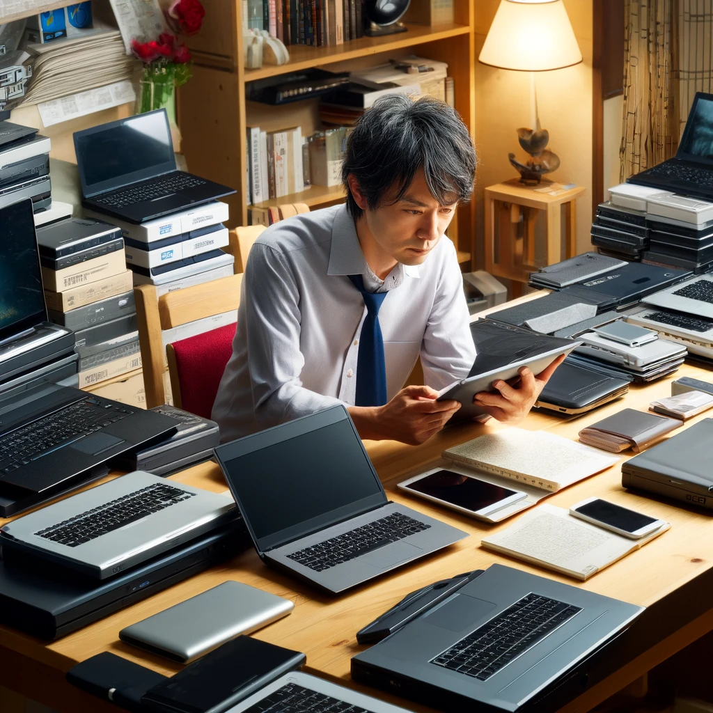 みのごりさんのパソコン転売（GBA）イメージ。画像自宅のオフィスで、様々なモデルのラップトップとビジネス文書に囲まれた日本人男性。PC転売ビジネスに忙しそうに取り組んでいます。
