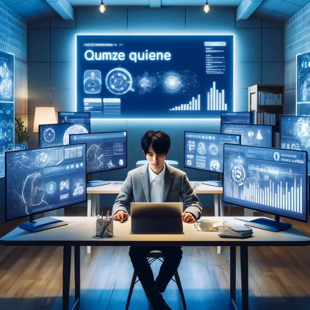 QIPとは何か？：プログラムの基本的な概要と起源をイメージさせる画像。日本人男性がホームオフィスでデスクに座り、クイズの質問とグラフが表示されたデジタルスクリーンに囲まれている様子。現代的で明るい照明の部屋で、高度な技術を象徴しています。