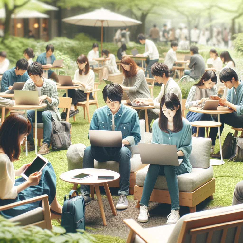 若い日本人が公園でラップトップやタブレットを使用してクイズインセンティブプログラムに参加している様子。リラックスした雰囲気の中、技術の柔軟性とアクセシビリティが強調されています。