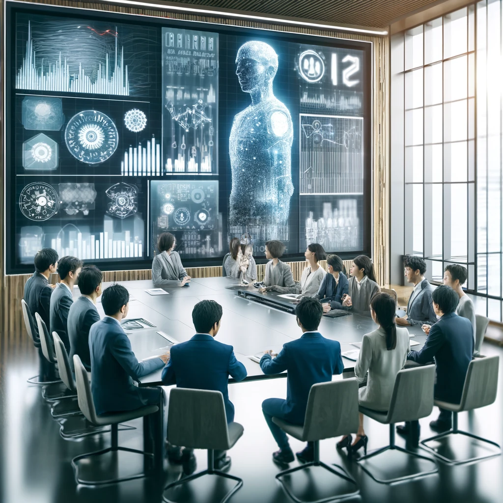 「AI Working Program in Action」の説明に基づく現代的なオフィス環境：多様な日本人ビジネスプロフェッショナルがAI分析を表示する大型デジタルスクリーンの周りに集まっています。テクノロジーが際立つ未来的なオフィスシーンが描かれています。