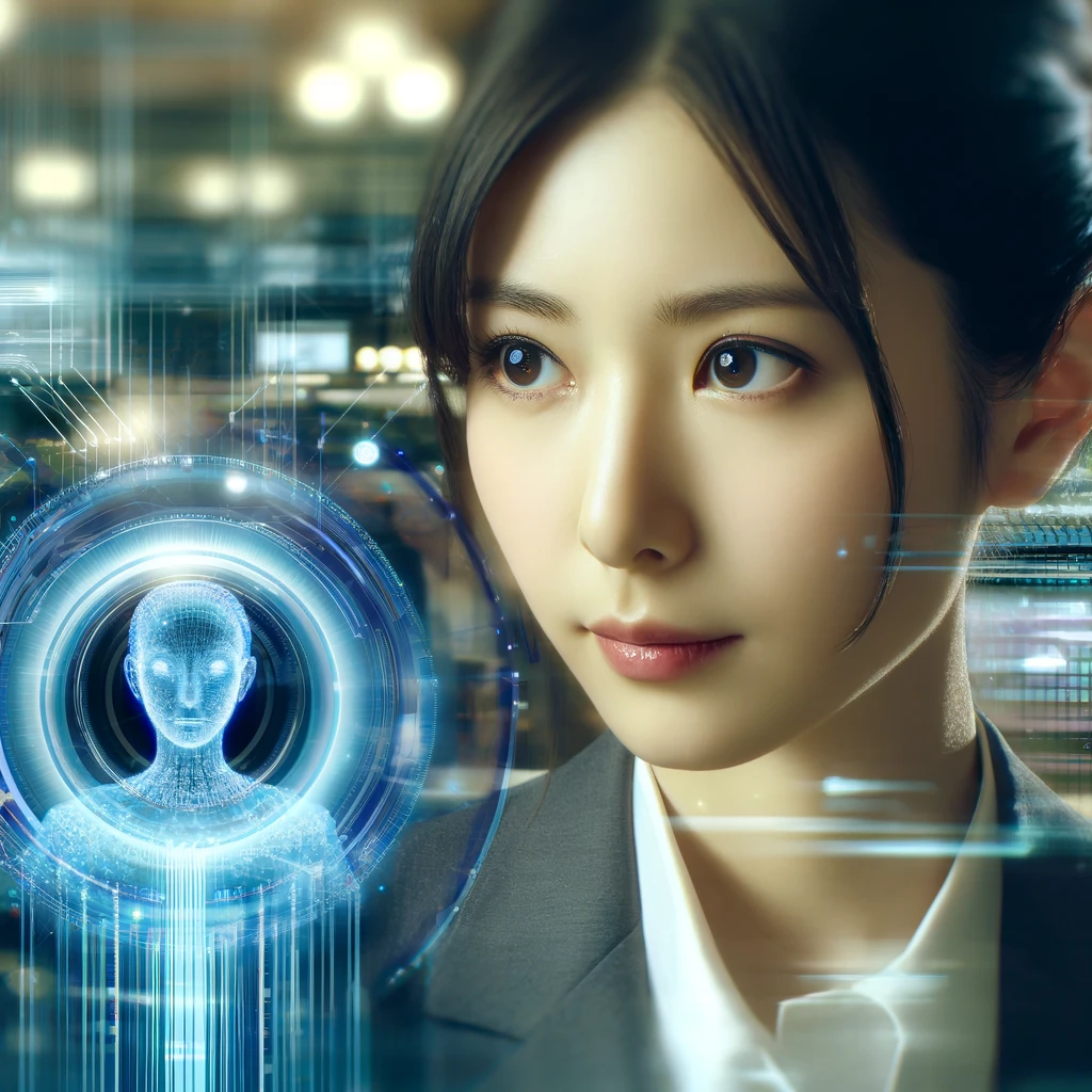 「Interactive AI Analysis by a Businesswoman」の説明に基づく日本人ビジネスウーマンが未来的なAIインターフェースと対話しているクローズアップ：デジタルデータが彼女の周囲に浮かび、高技術のオフィス空間で情報を分析しています。