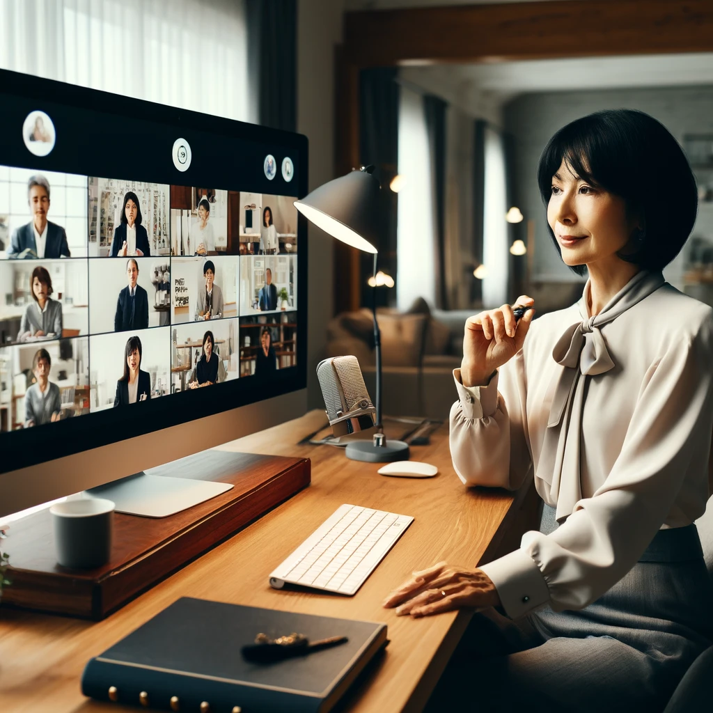 エレガントな装いの中年の日本人女性が、スタイリッシュでミニマリストな自宅オフィスでオンラインウェビナーを行っています。大画面モニターには多数のビデオチャットウィンドウが表示され、参加者と対話しています。