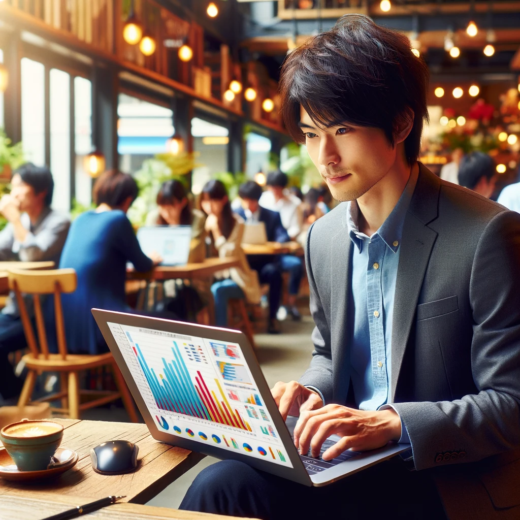 若い日本人男性が、賑やかなカフェでラップトップを使ってオンラインストアの財務データを確認しています。画面には売上のトレンドを示すカラフルなグラフが表示されており、カフェは他の顧客で賑わっています。