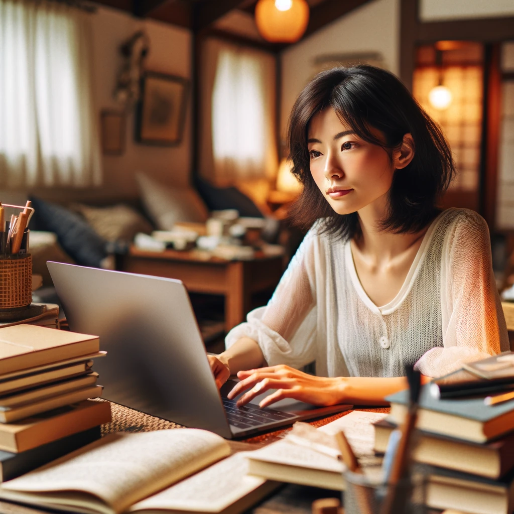 「エクアド」レビュー記事のアイキャッチ用画像。日本の若い女性が家庭のオフィスでノートパソコンを使って考えている様子を描いた画像です。彼女は机に座り、周囲には本とメモが散らばっています。