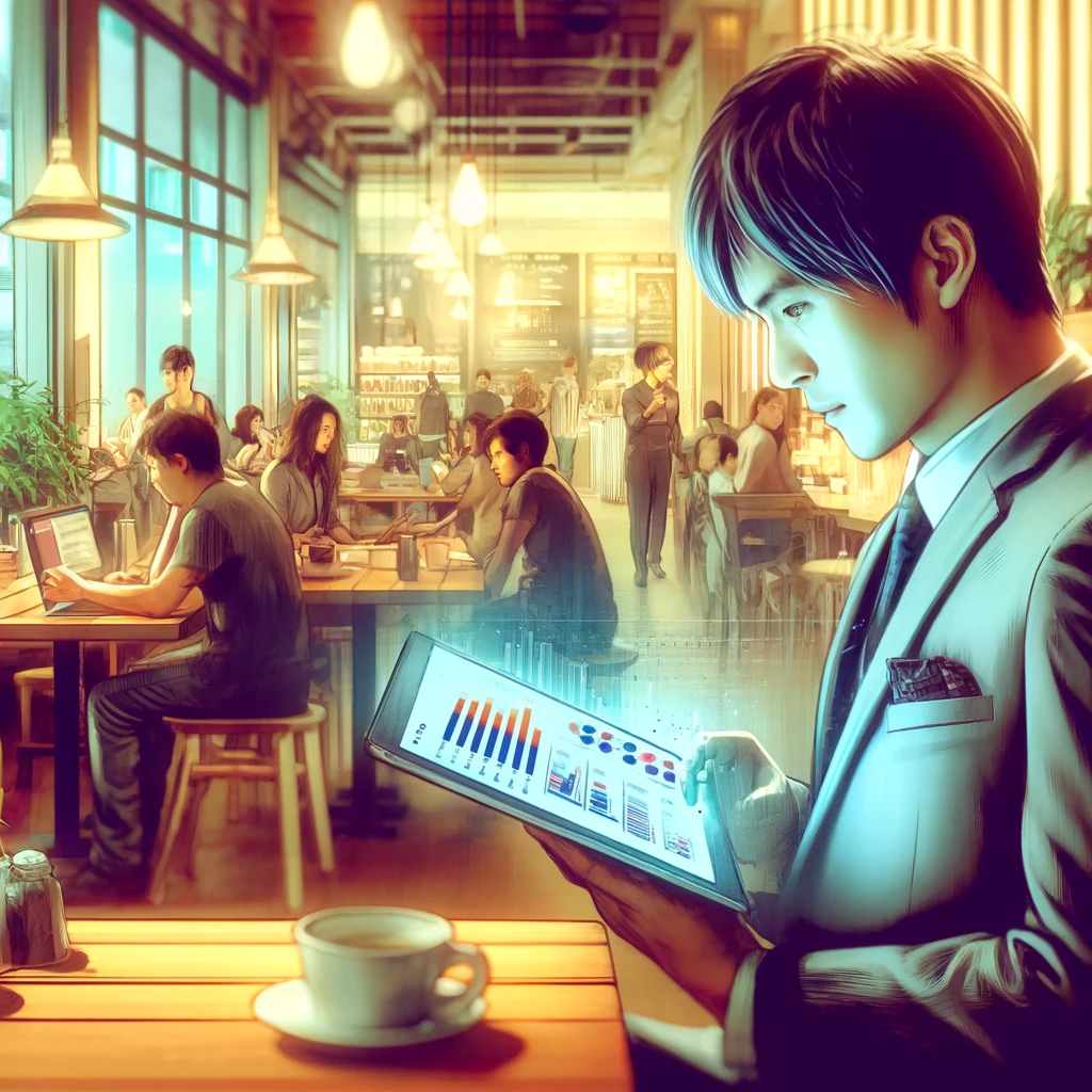 日本の男性がコーヒーショップでタブレットを見ながらブログのパフォーマンスを分析している様子を描いた画像です。彼は集中しており、画面にはグラフとデータ分析が表示されています。