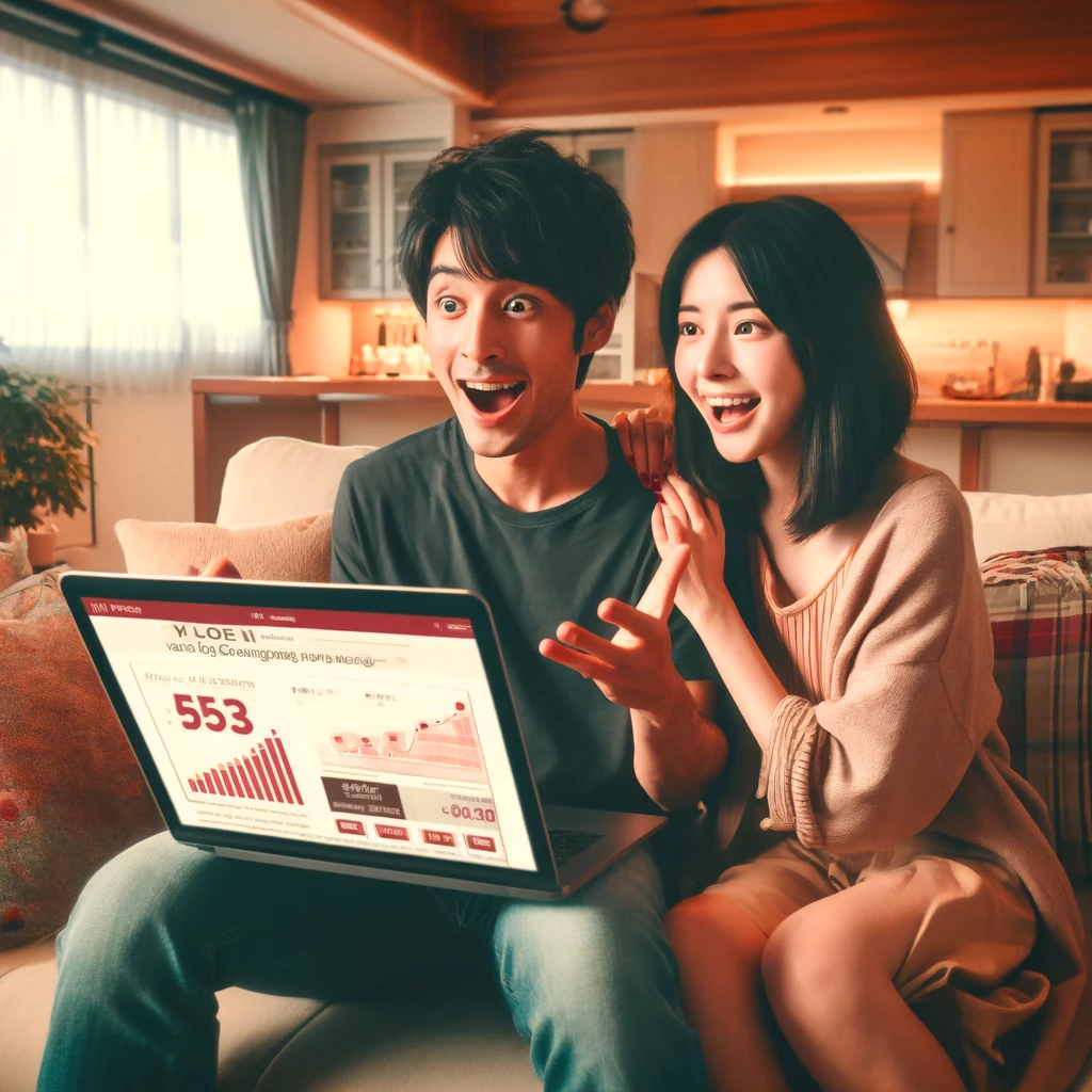 日本のカップルが自宅でラップトップを使いながらブログの成長戦略について話している様子を描いた画像です。彼らは興奮しながら話しており、ラップトップの画面にはEkadoのウェブサイトが開かれています。