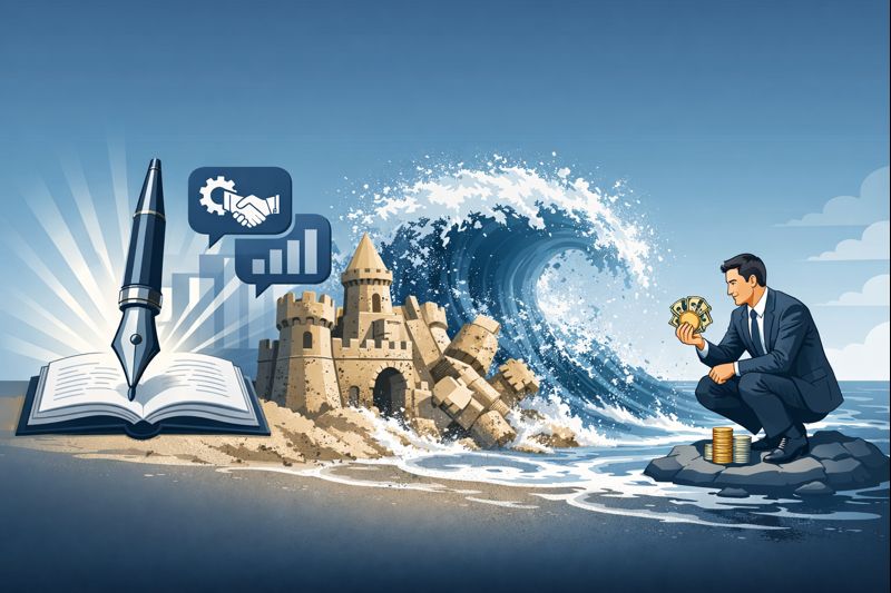 ネットビジネスの自己完結型ノウハウが崩れ落ちるイメージ、砂の城が波に押し流される様、右側に小さな成功（金銭）をつかむ人、左側に大きな稼ぎ続ける本質（ライティング/営業力）の象徴的なアイコン、コントラストの強い構図、冷静な配色、プロフェッショナルなインフォグラフィック風、読み手に「続かない現実」を瞬時に伝える、記事タイトル用スペースを考慮した余白